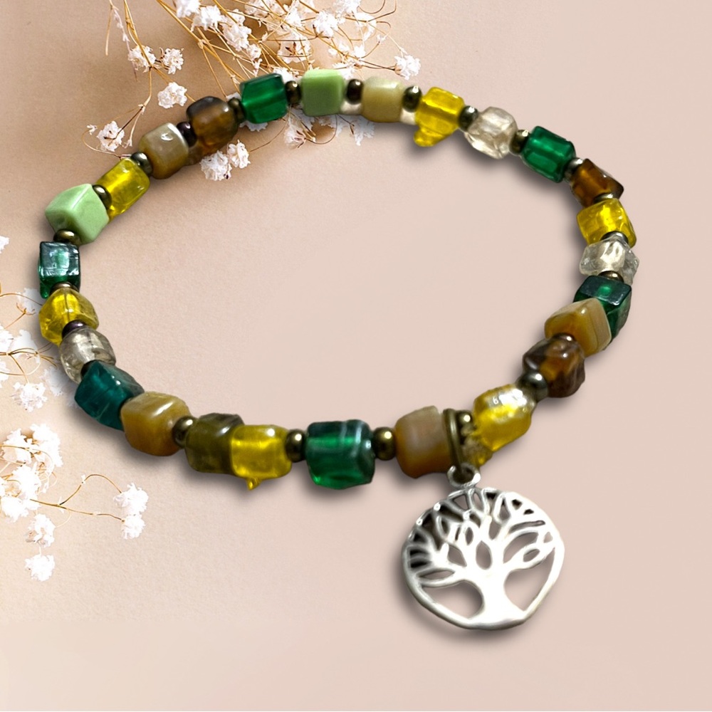 Nature Inspired Earth Toned Glass Tree Charm Stretch Handmade Bracelet